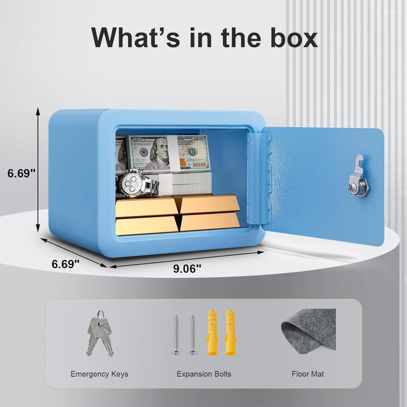 Marcree Mini Safe Box, 0.23 Cub Home Safes for Kids, Steel Money Box with Key Lock, Small Safes for Money Cash Valueables, Stylish Security Safe for Gifts, 6.69 x 9.06 x 6.69 Inches, Blue - Image 2